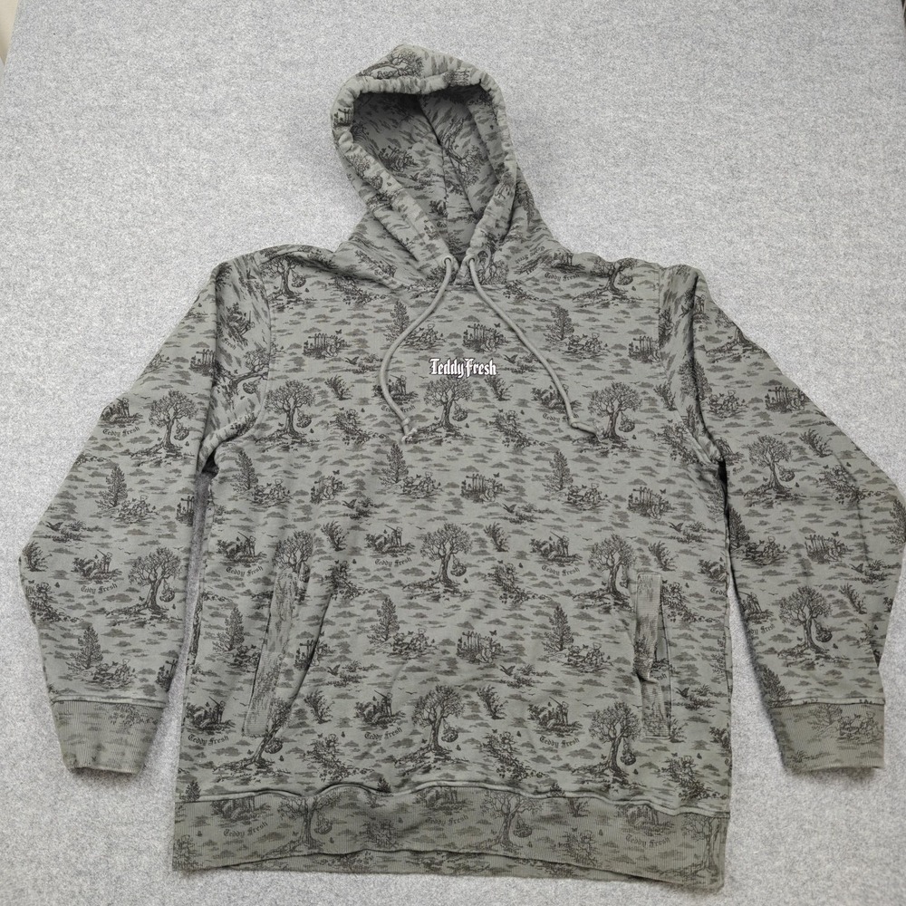 Teddy Fresh Hoodie Mens 2XL Gray Allover Teddy Bear Graphic Fleece Pullover